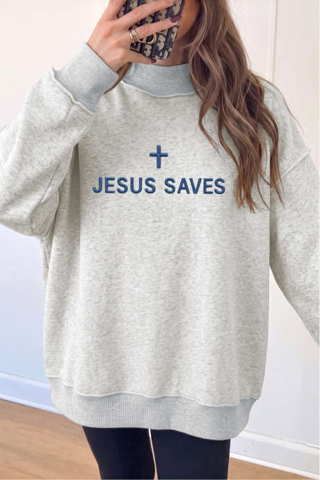 浅灰色 JESUS SAVES 刺绣图案外露接缝小高领宽松运动衫