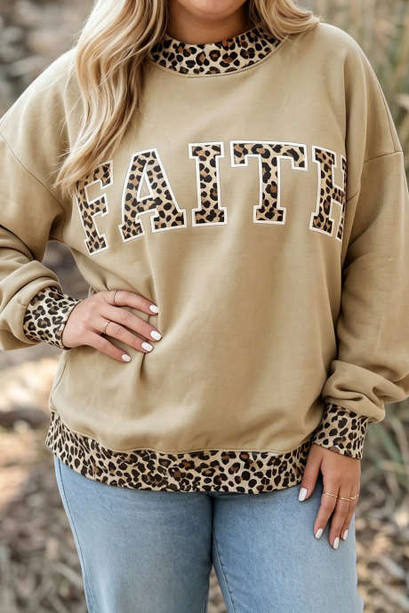 羊皮纸大码豹纹饰边小高领 FAITH 图案套头衫