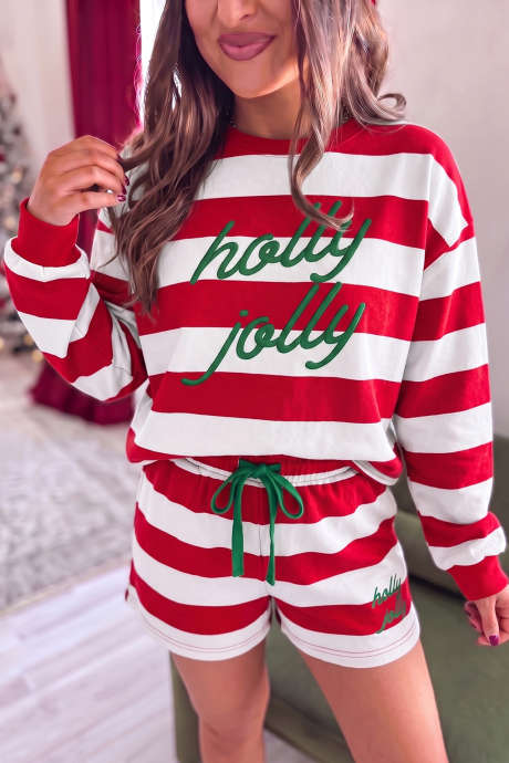 红色条纹 Holly Jolly 刺绣套头衫长袖两件套短裤套装