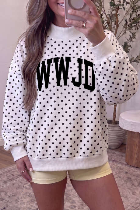 白色 WWJD 标语波点高领图案套头衫