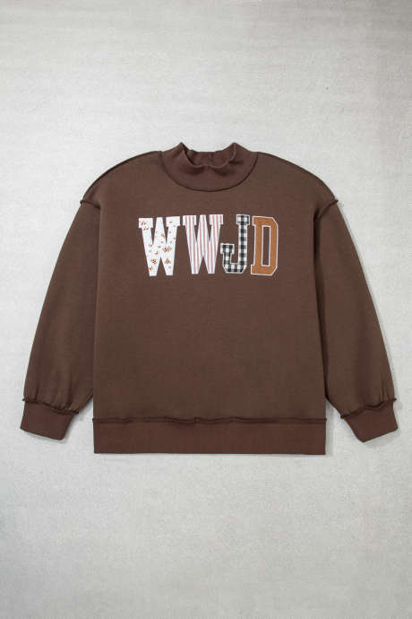 咖啡色 WWJD 混合图案字母图案外露接缝宽松加大码运动衫