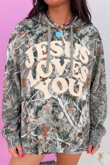 米色林地迷彩印花 JESUS LOVES YOU 束腰连帽衫