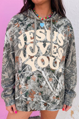 米色林地迷彩印花 JESUS LOVES YOU 束腰连帽衫 LC25321662-P1520