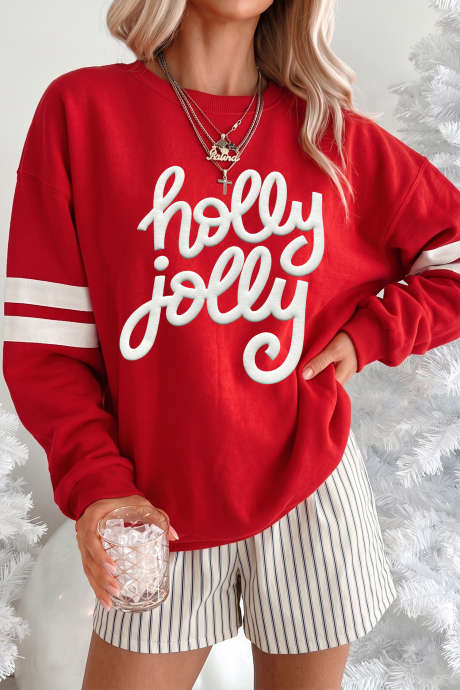 火红圣诞 Holly Jolly 标语条纹袖学院风假日运动衫
