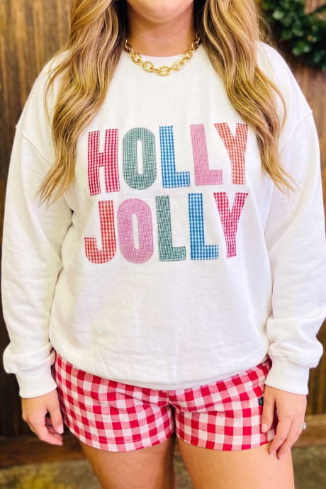 白色 HOLLY JOLLY 格子字母图案加大码圣诞套头衫
