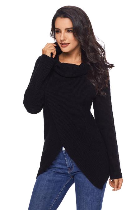 US$ 19.35 Black Buttoned Wrap Cowl Neck Sweater Wholesale