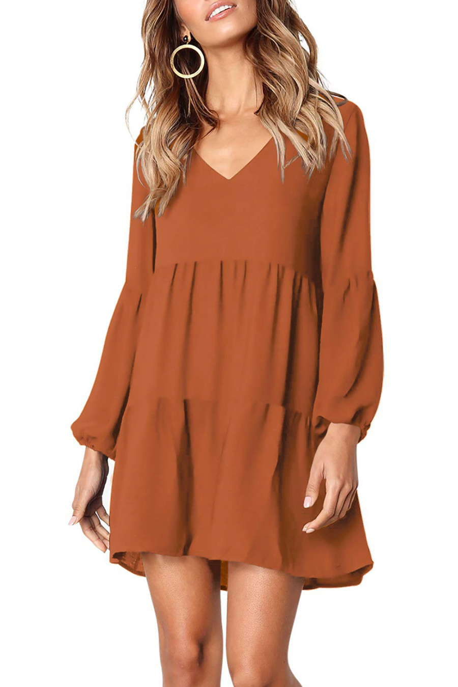 US$ 11.85 Brown Ruffle V-Neck Flowy Loose Tunic Dress Wholesale