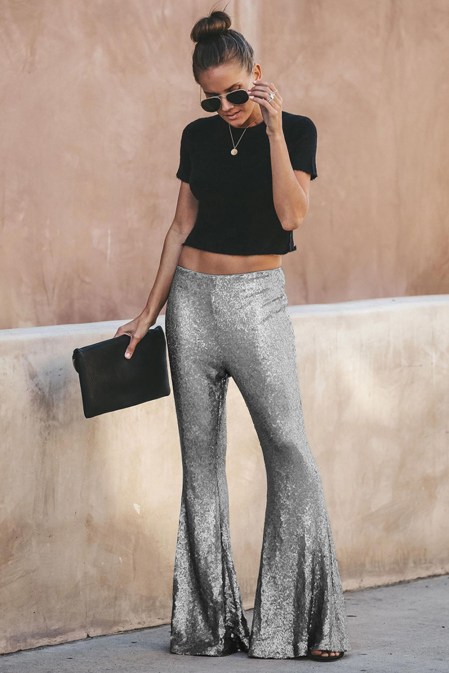 US$ 19.47 Silver Sequin Bell Bottom Fashion Pants Wholesale