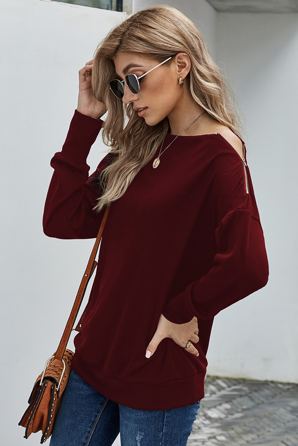 US$ 10.2 Red Ribbed Zip Knit Top Wholesale