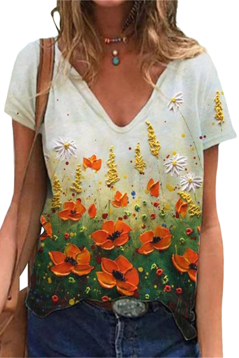 US$ 8.12 White Floral Print V-neck T-shirt Wholesale