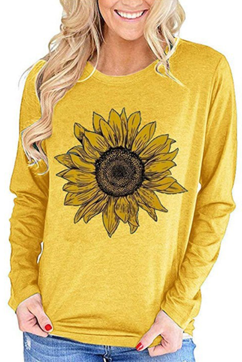 US$ 8.1 Yellow Sunflower Print Casual Crew Neck Long Sleeve Top Wholesale