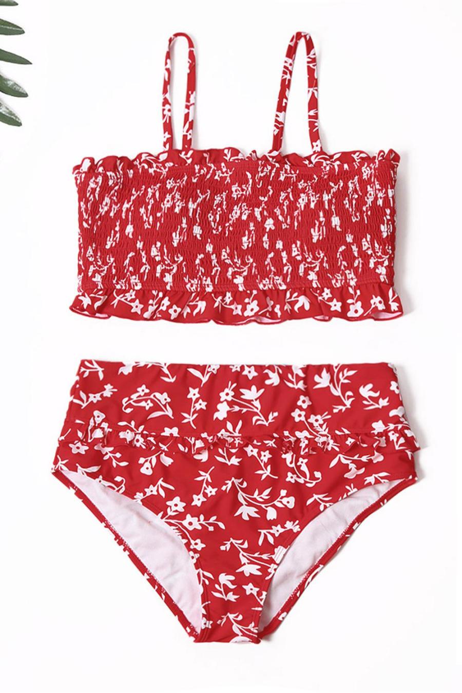 US$ 12.75 Red Floral Print Crop Top Bikini Set Wholesale