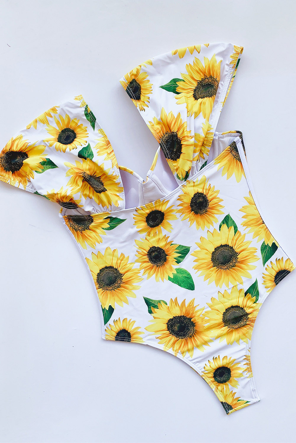 US$ 11.08 White Sunflower Print Push Up Short Sleeve One Piece Swimsuit ...