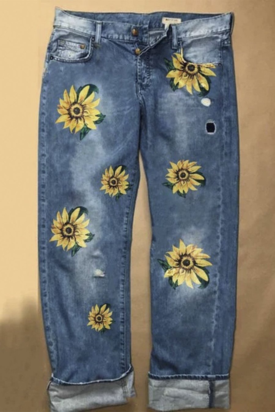 US 16.98 Dark Blue Sunflower Printed Washed Straight Casual Jeans