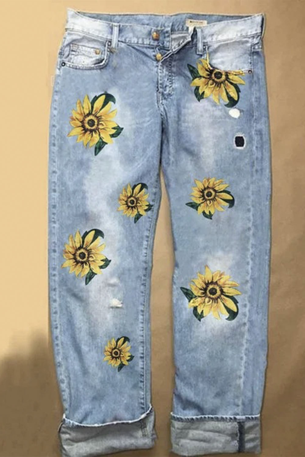 US$ 16.98 Light Blue Sunflower Printed Washed Straight Casual Jeans ...
