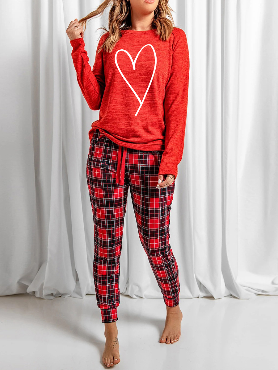 Valentine Heart Print Plaid Long Sleeve Lounge Set