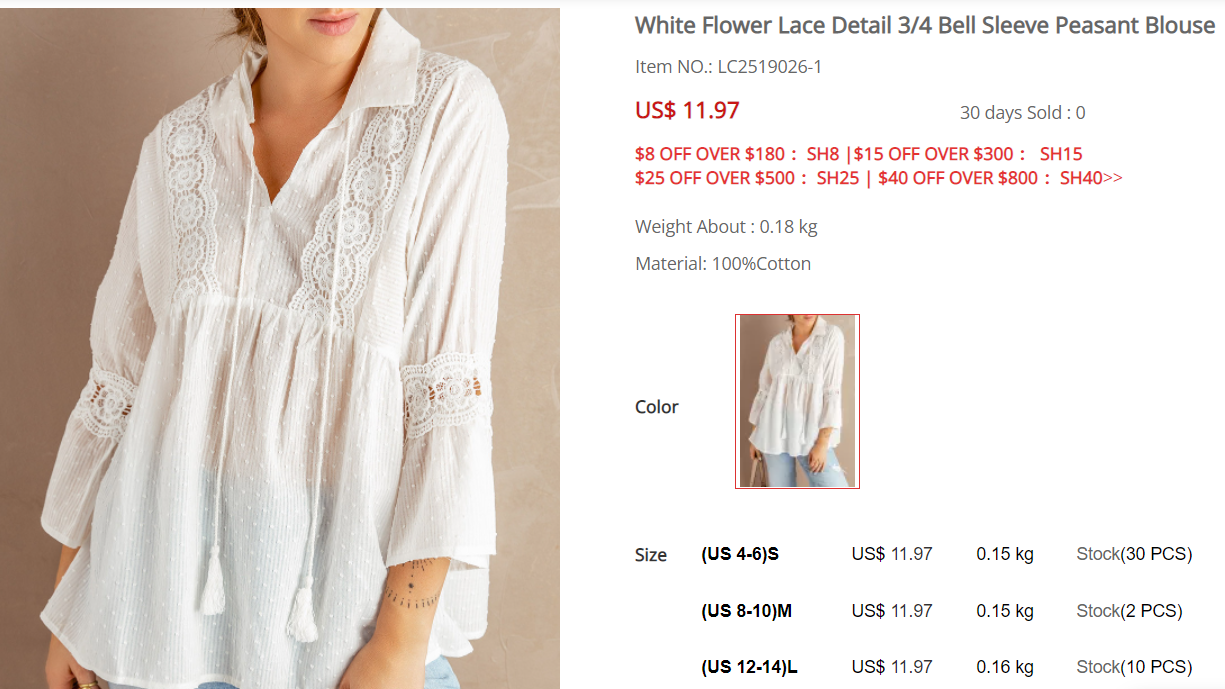 White Flower Lace Detail 3/4 Bell Sleeve Peasant Blouse