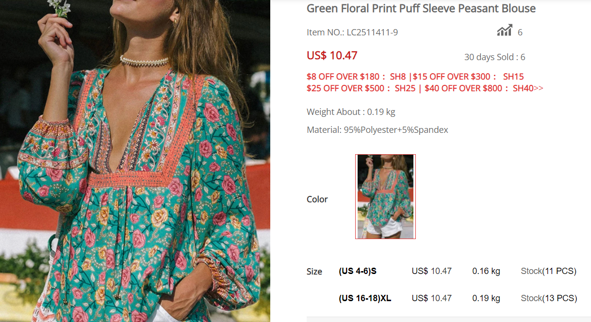 Green Floral Print Puff Sleeve Peasant Blouse