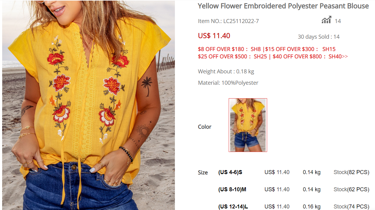 Yellow Flower Embroidered Polyester Peasant Blouse