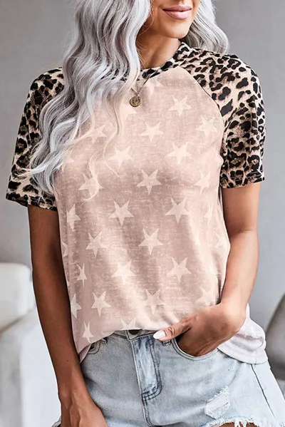 Pink Star Printed Leopard Sleeve Raglan Shirt