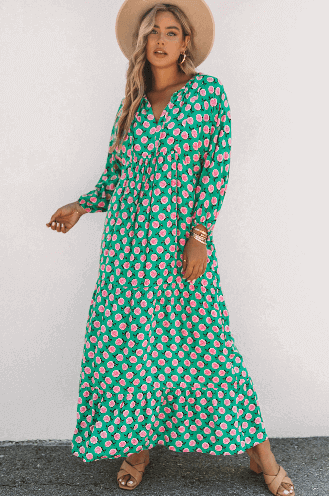 Green Long Sleeve V Neck Floral Maxi Dress