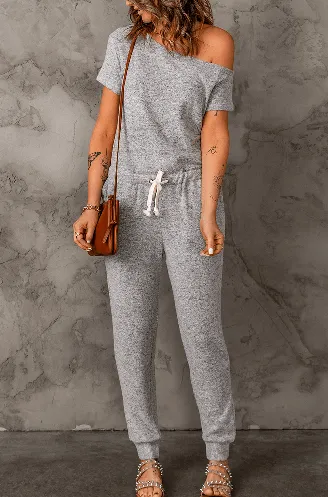 Grey Asymmetrical Neck Casual Drawstring High Waist Jumpsuit