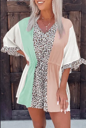 Leopard Color Block Drawstring Ruffle Sleeve Romper Shorts