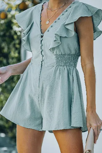 Green Elegant Buttons V Neck Shirred Sleeve Ruffled Romper