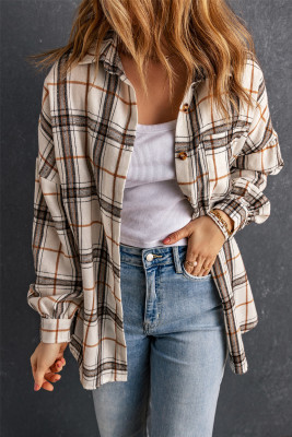 White Oversized Plaid Pattern Shacket with Slits LC854215-1