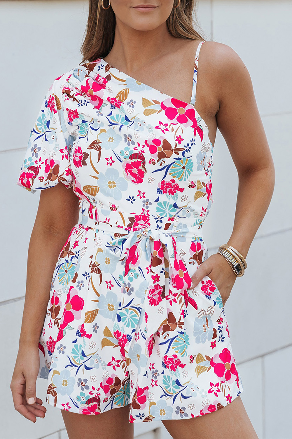$ 19.72 - White Floral Single Bubble Sleeve Slant Shoulder Romper - www ...