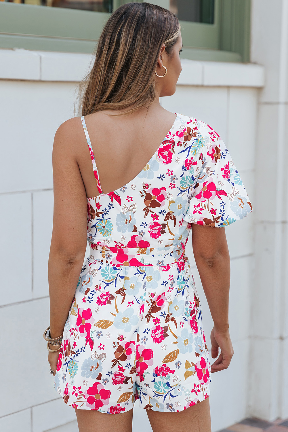 $ 19.72 - White Floral Single Bubble Sleeve Slant Shoulder Romper - www ...