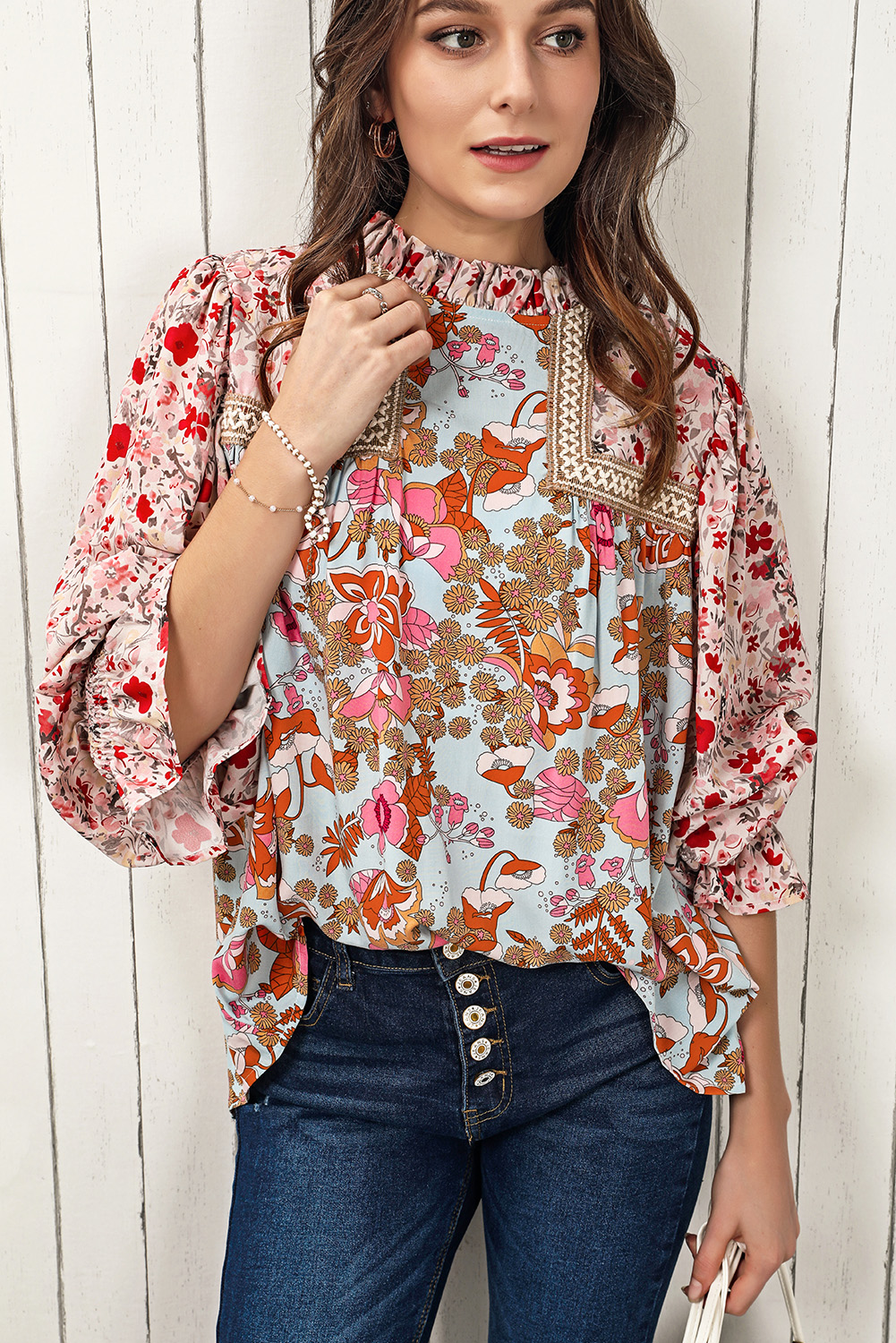 Multicolor Fall Blouses $ 13.86 - Multicolor Lace Trim Contrast Floral Long Puff Sleeve Blouse ...