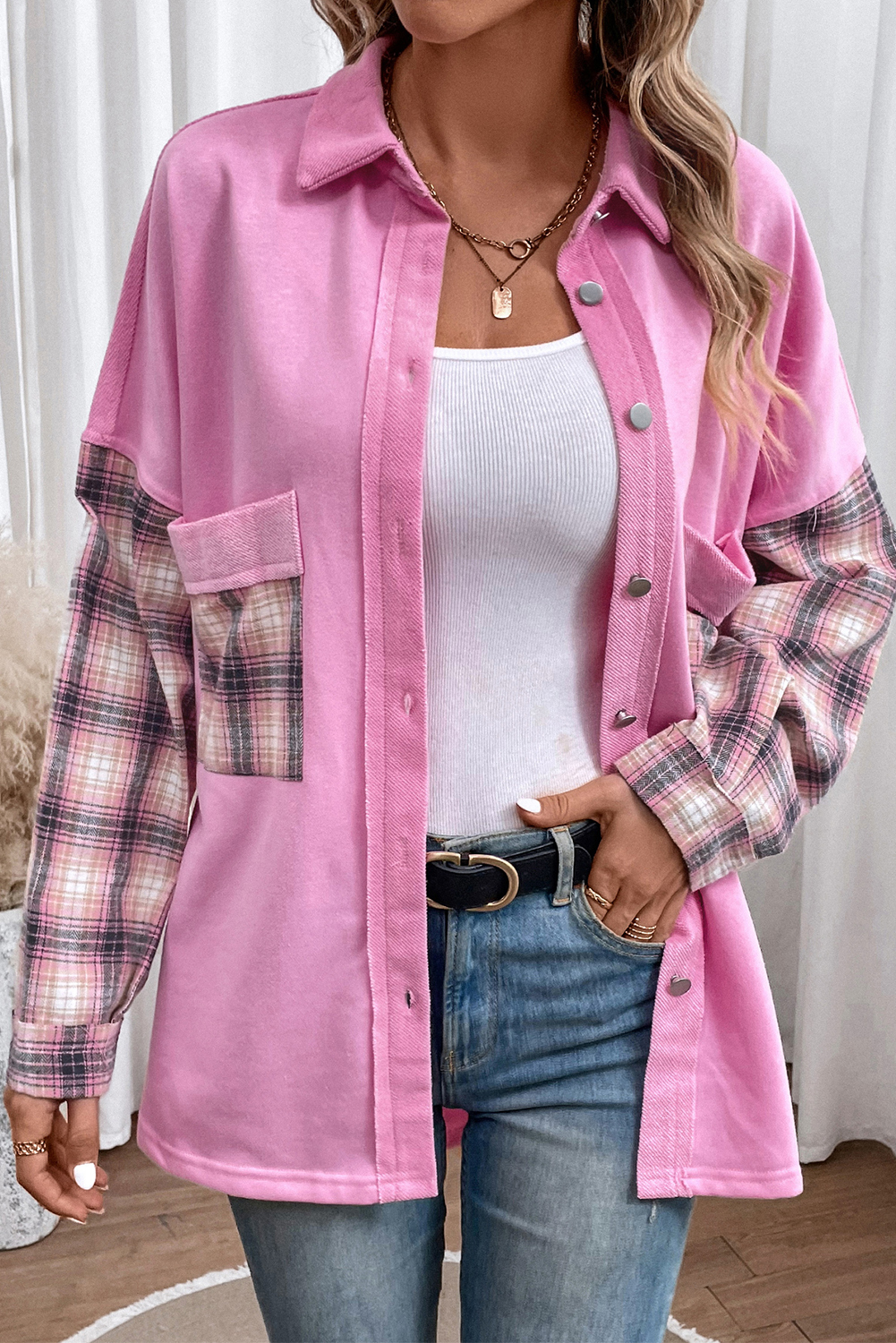 Orange Plaid Color Block Patchwork Shirt Jacket with Pocket