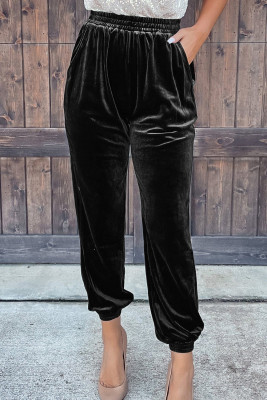 Black Solid Velvet Jogger Pants LC7712270-2