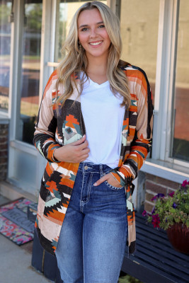 Orange Western Tribal Aztec Print Cardigan LC2542020-14