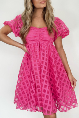 Strawberry Pink Checkered Puff Sleeve Babydoll Dress LC6119011-P306