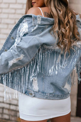 Sky Blue Sequin Embellished Fringe Distressed Denim Jacket LC788315-4