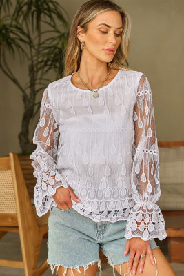 Beige Embroidered Mesh Flounce Sleeve Blouse LC25125816-P15