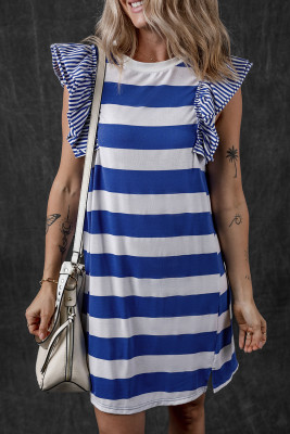 Sky Blue Stripe Contrast Ruffled Sleeve T-shirt Dress LC6120812-P419