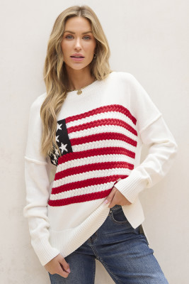 White American Flag Cable Knit Drop Shoulder Sweater LC2722955-1