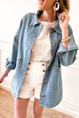 Dusk Blue Slit Buttons Pocketed Denim Jacket LC788604-P704