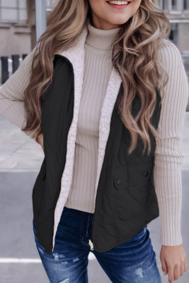 Black Fleece Lined Quilted Zip up Vest Coat LC853272-P2
