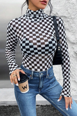 Black Checkered Printed Long Sleeve High Neck Bodysuit LC6421813-P220
