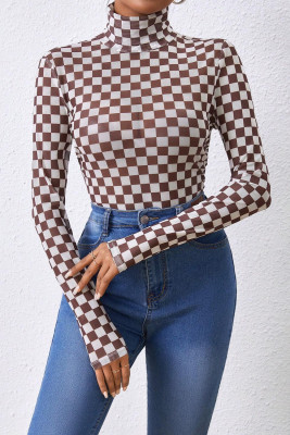 Brown Checkered Printed Long Sleeve High Neck Bodysuit LC6421813-P1720