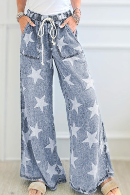 Light Blue Star Print Light Wash Drawstring Elastic Waistband Wide Leg Jeans LC7875039-P422