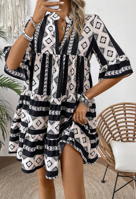 Black Geometric Print V Neck Ruffled Dress LC6121436-P220