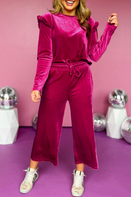 Rose Red Solid Velvet Ruffled Two Piece Pants Set LC626367-P6