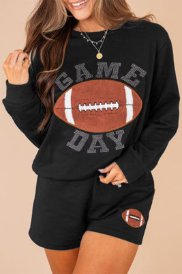 Black GAME DAY Rugby Football Graphic Pullover and Shorts Casual Outfit LC626554-P2