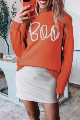 Orange Boo Knitted Pattern Ribbed Edge Drop Shoulder Sweater LC2725569-P14