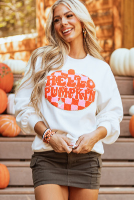 White Terry Halloween Pumpkin Patched Pattern Pullover Sweatshirt LC25317907-P101